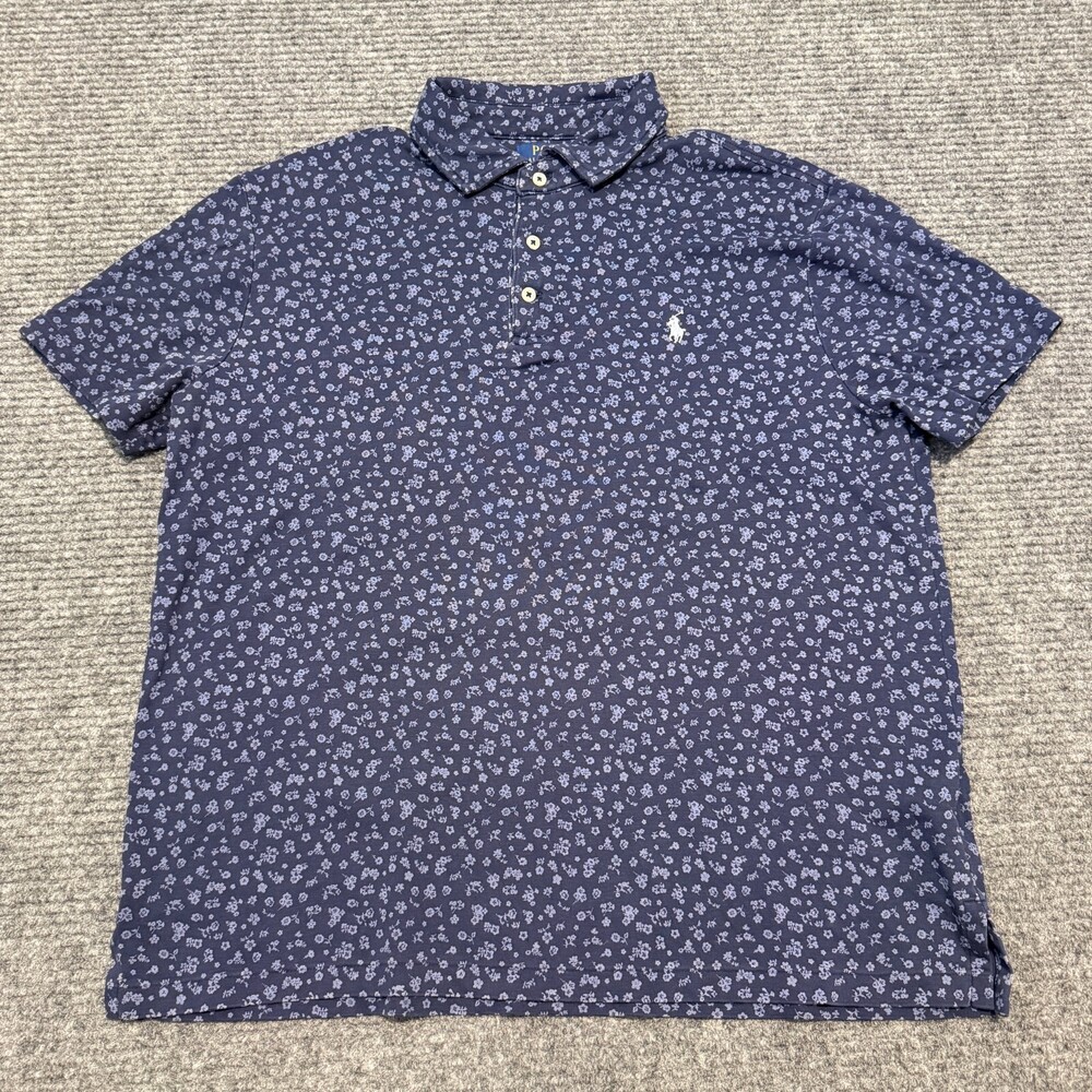 Polo Ralph Lauren Polo Shirt Mens Large Blue Floral Cotton Custom Slim Fit